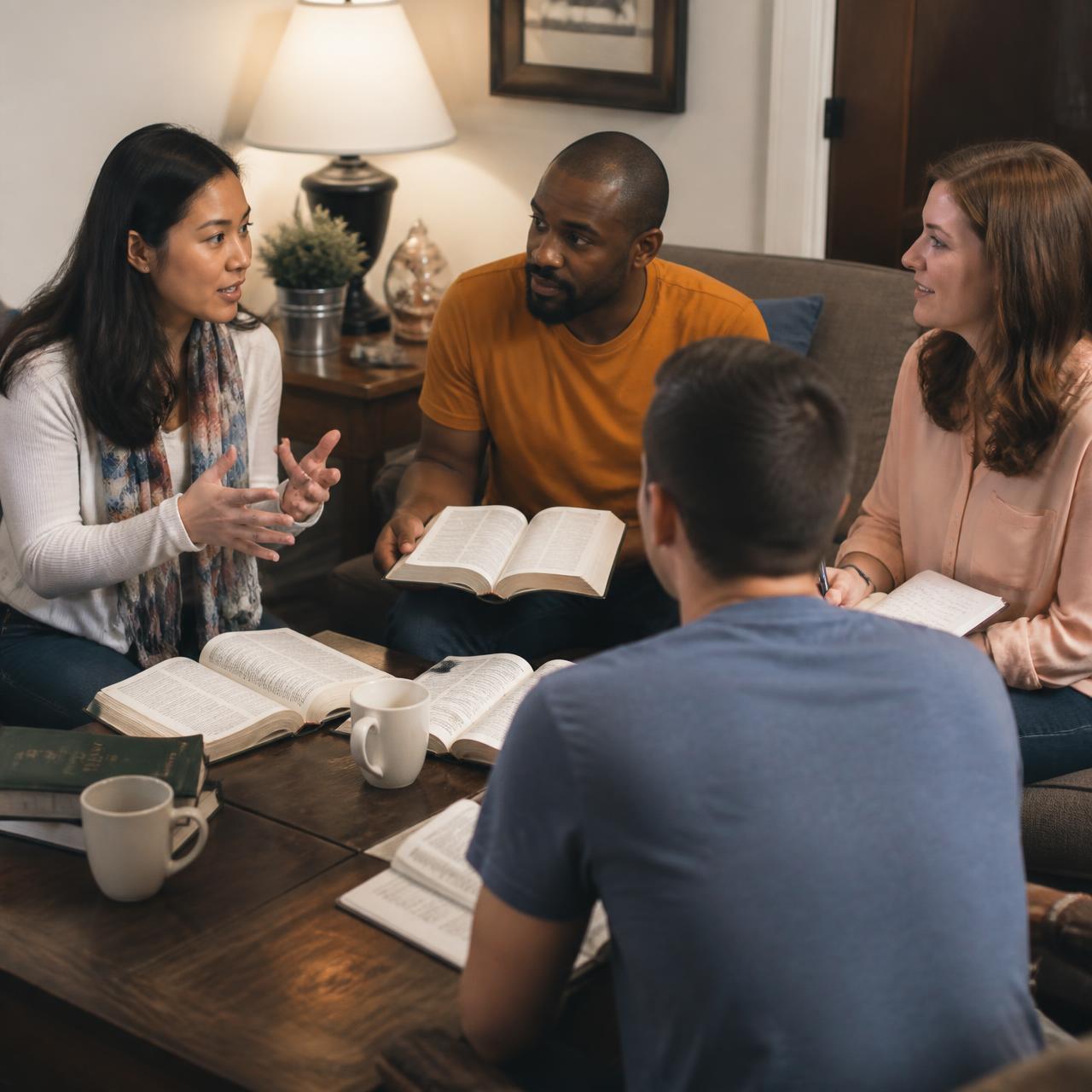 Small group Bible study around a table