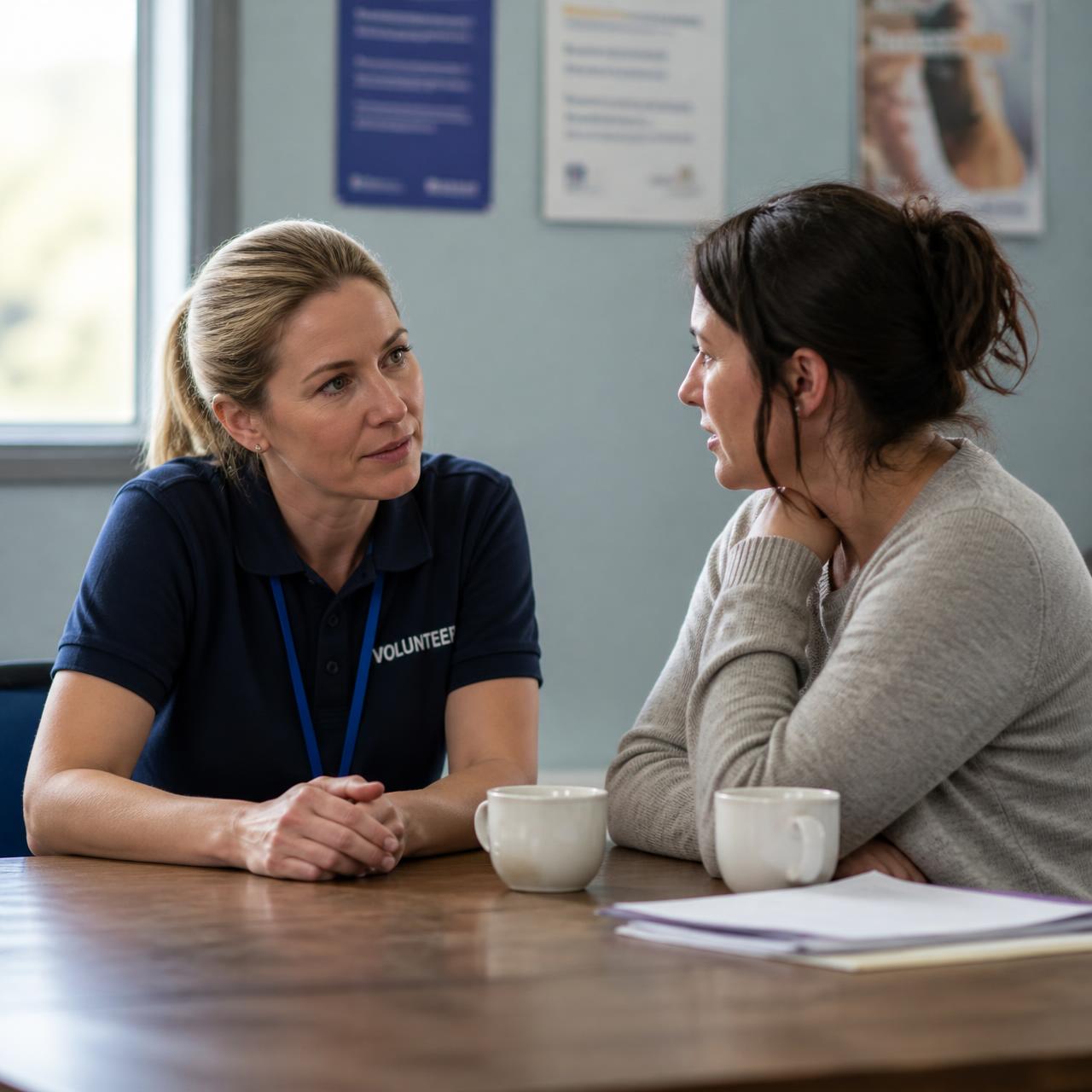 Volunteer listening to a parent over a cup of tea