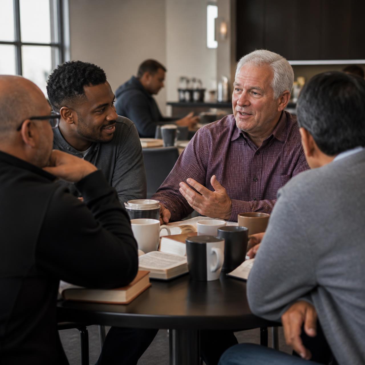 Men talking together over breakfast