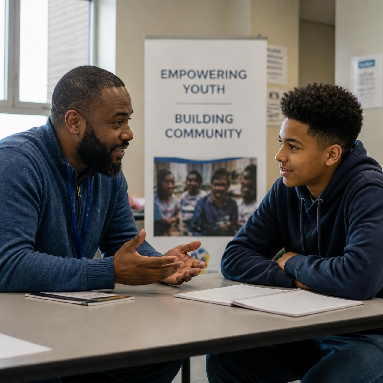 A trained mentor talking with a young person