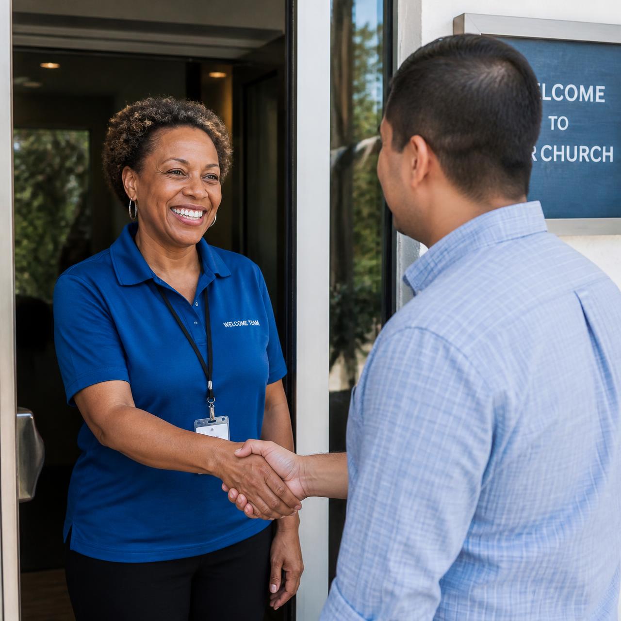 A welcome team member greeting a first-time visitor